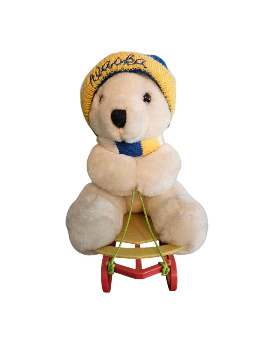 Vintage 1980s DAKIN Plush Teddy Bear Riding Sled Alaska Souvenir